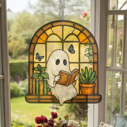 Ghost Reading Book Suncatcher, Reading Book Acrylic Sun Catcher, Housewarming Gifts, Cute Ghost Reads Book Hanging, Book