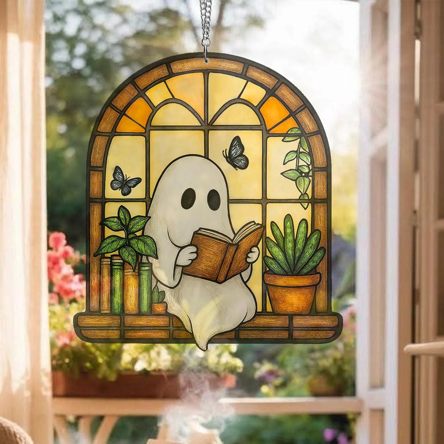 Ghost Reading Book Suncatcher, Reading Book Acrylic Sun Catcher, Housewarming Gifts, Cute Ghost Reads Book Hanging, Book