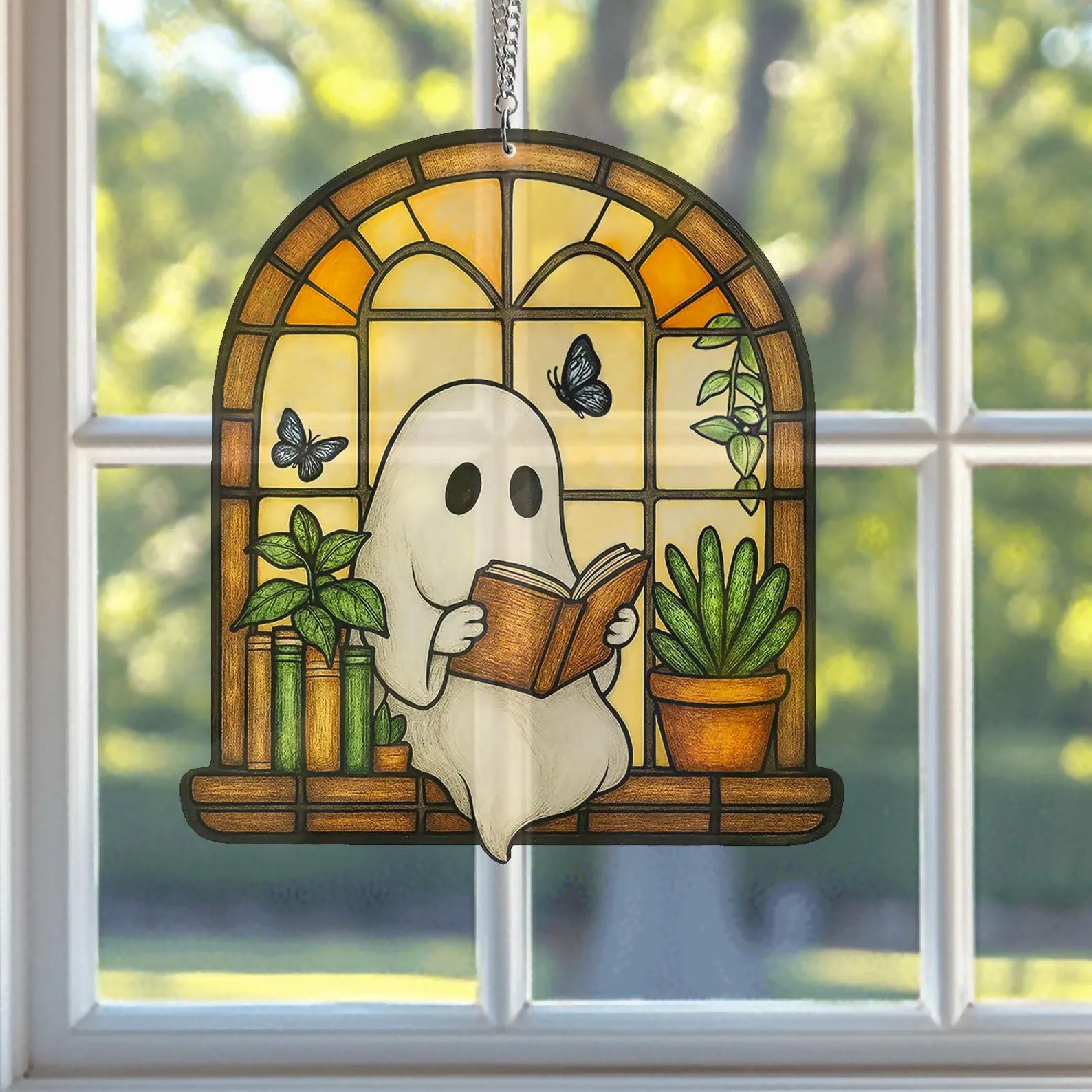 Ghost Reading Book Suncatcher, Reading Book Acrylic Sun Catcher, Housewarming Gifts, Cute Ghost Reads Book Hanging, Book