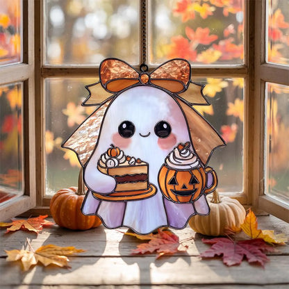 Cute Halloween Ghost Suncatcher with Pumpkin Mug & Cake – Acrylic Window Hanging Autumn Decor, Kawaii Spooky Fall Ornament