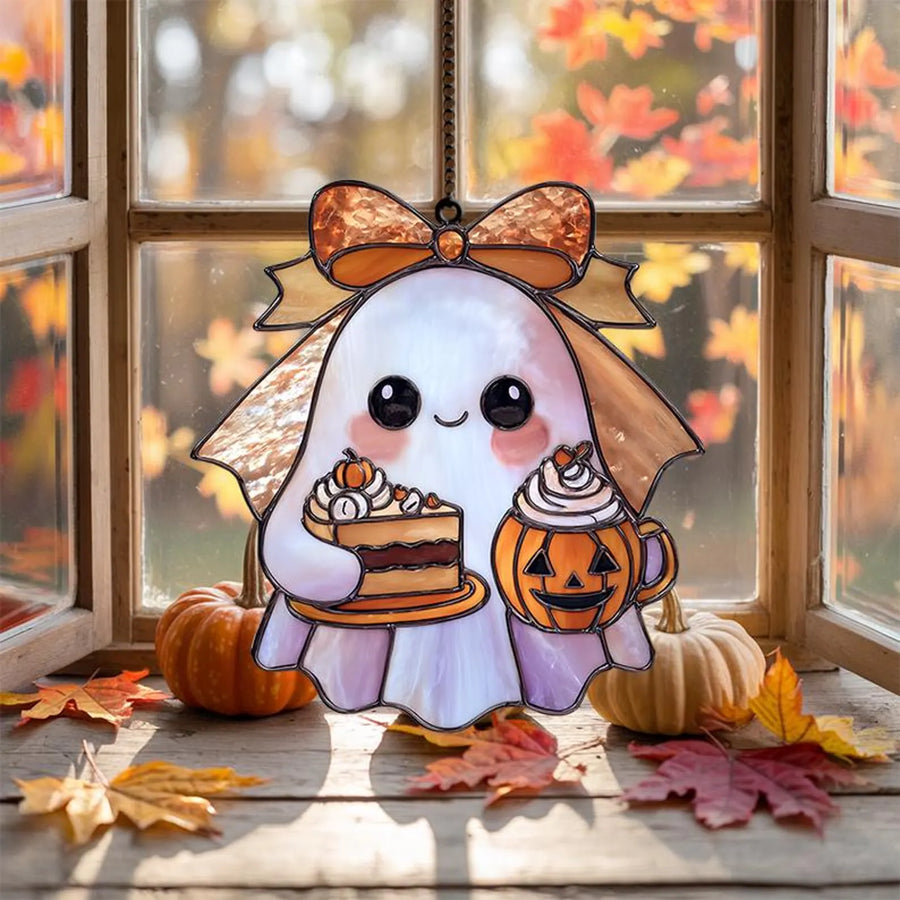 Cute Halloween Ghost Suncatcher with Pumpkin Mug & Cake – Acrylic Window Hanging Autumn Decor, Kawaii Spooky Fall Ornament