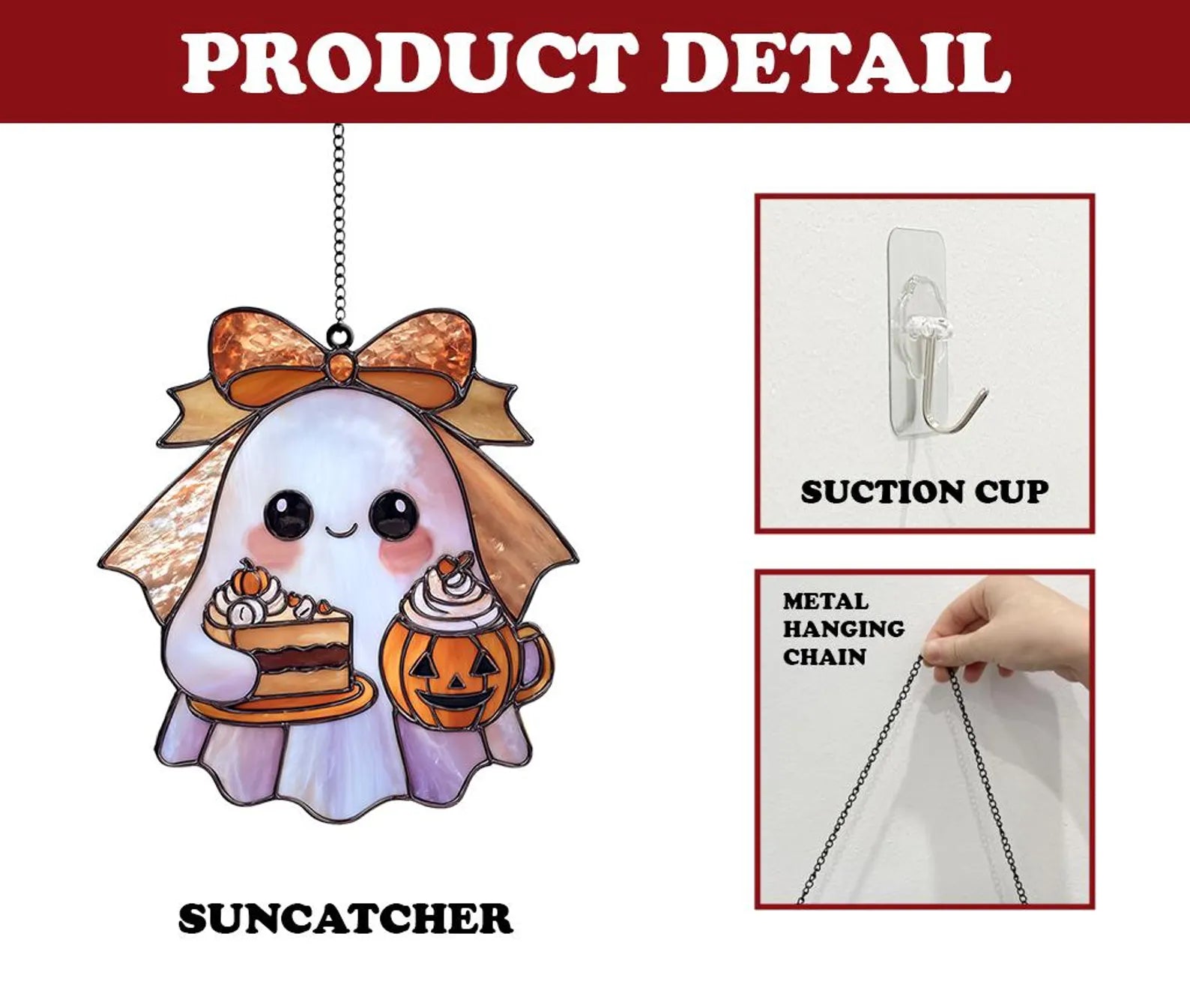 Cute Halloween Ghost Suncatcher with Pumpkin Mug & Cake – Acrylic Window Hanging Autumn Decor, Kawaii Spooky Fall Ornament