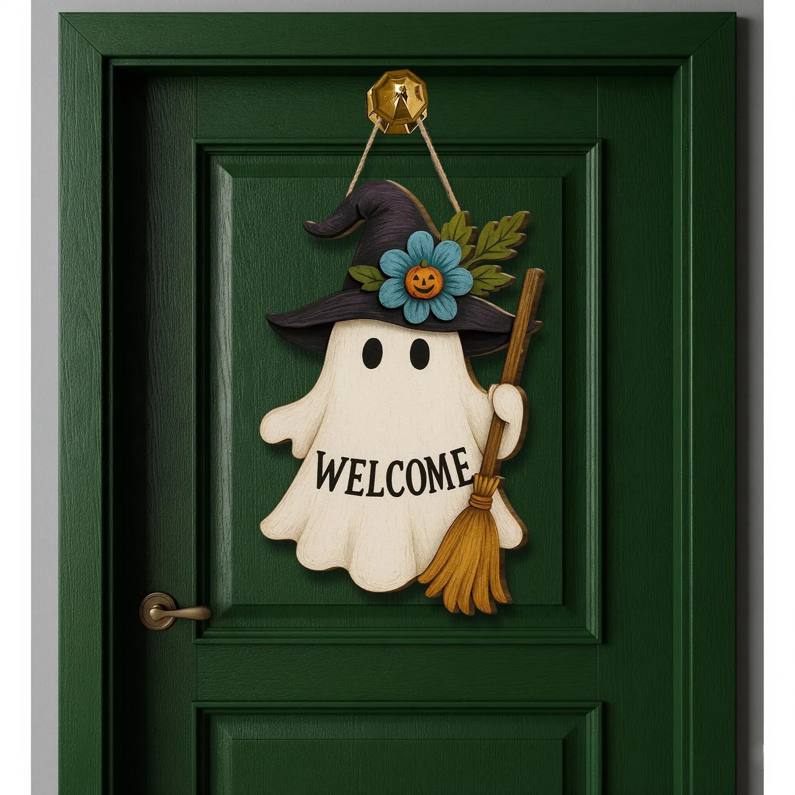 Halloween Ghost & Witch Wooden Welcome Sign – Cute Fall Door Hanger for Porch, Home & Holiday Decoratino