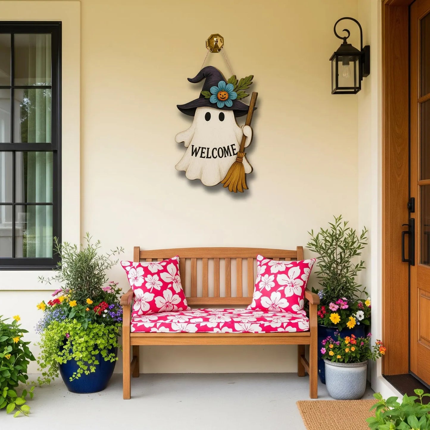 Halloween Ghost & Witch Wooden Welcome Sign – Cute Fall Door Hanger for Porch, Home & Holiday Decoratino