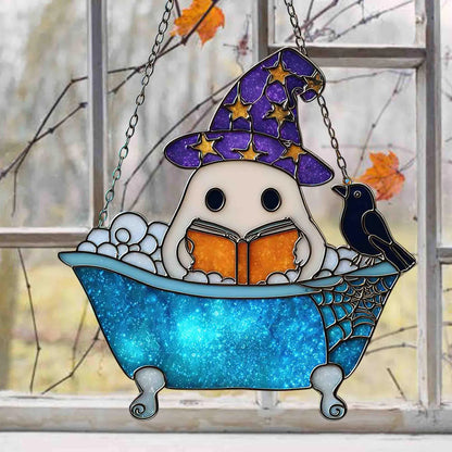 Cute Ghost Reading Book Bathroom Suncatcher, Ghost In Bathtub Acrylic Window Hanging, Spooky Season, Halloween Gift, Book