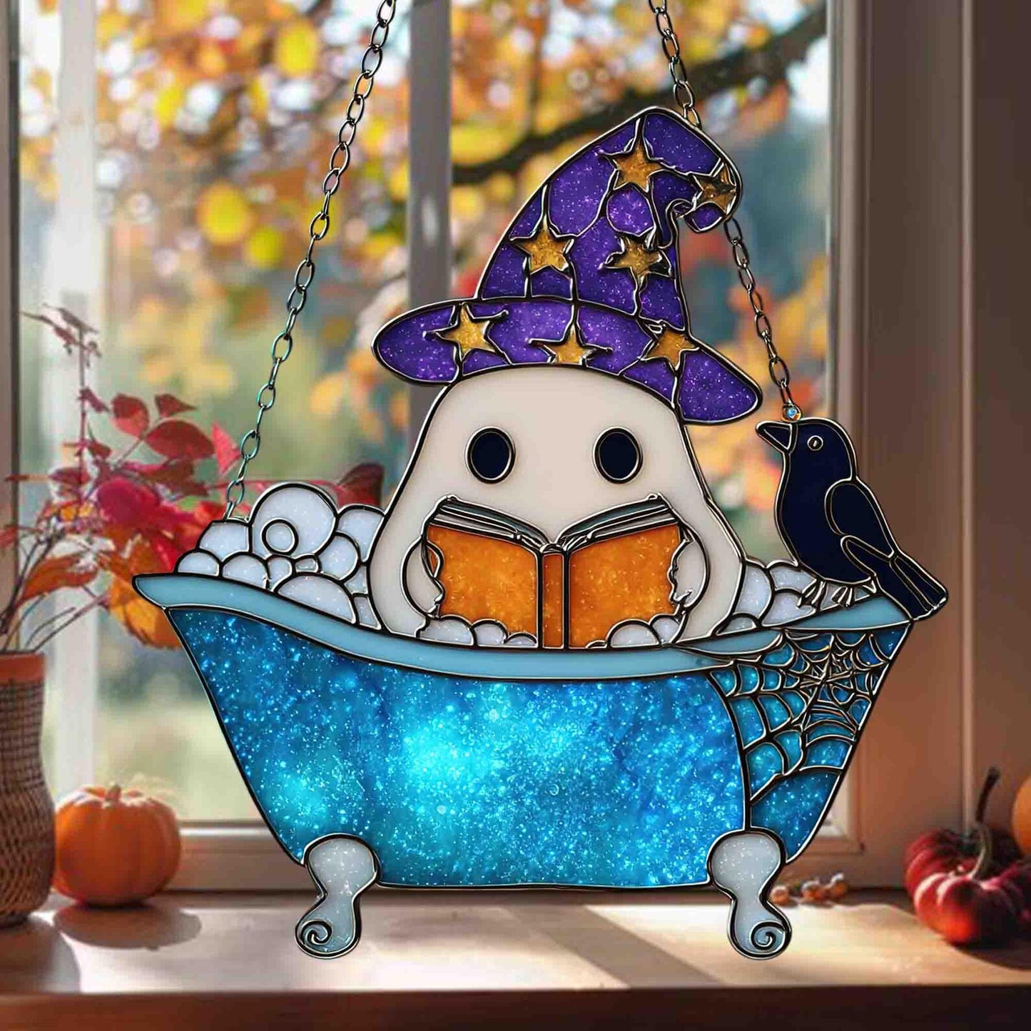 Cute Ghost Reading Book Bathroom Suncatcher, Ghost In Bathtub Acrylic Window Hanging, Spooky Season, Halloween Gift, Book