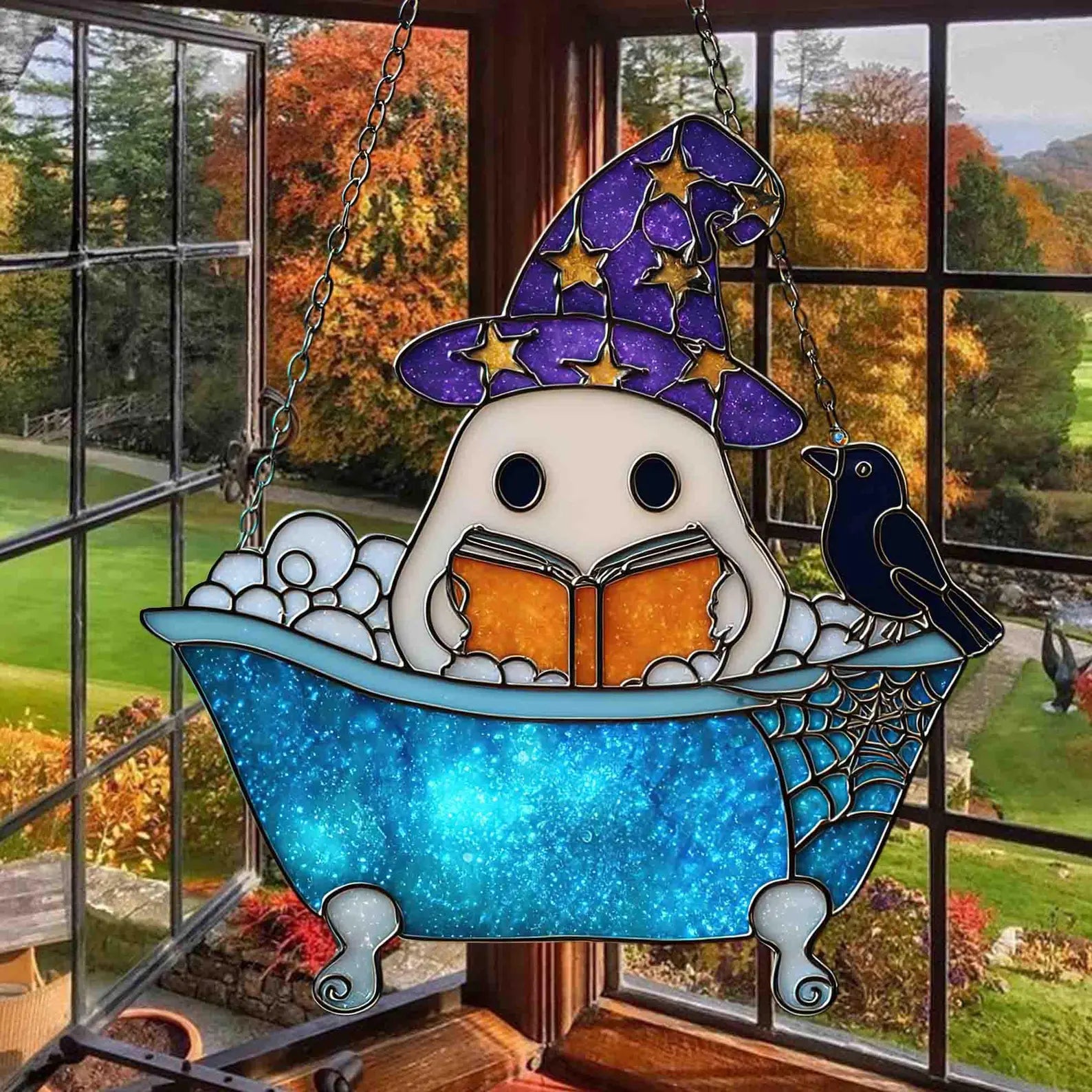 Cute Ghost Reading Book Bathroom Suncatcher, Ghost In Bathtub Acrylic Window Hanging, Spooky Season, Halloween Gift, Book