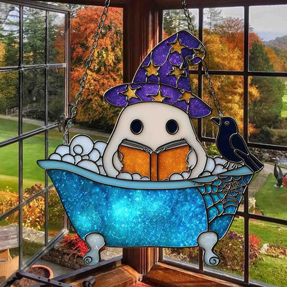 Cute Ghost Reading Book Bathroom Suncatcher, Ghost In Bathtub Acrylic Window Hanging, Spooky Season, Halloween Gift, Book