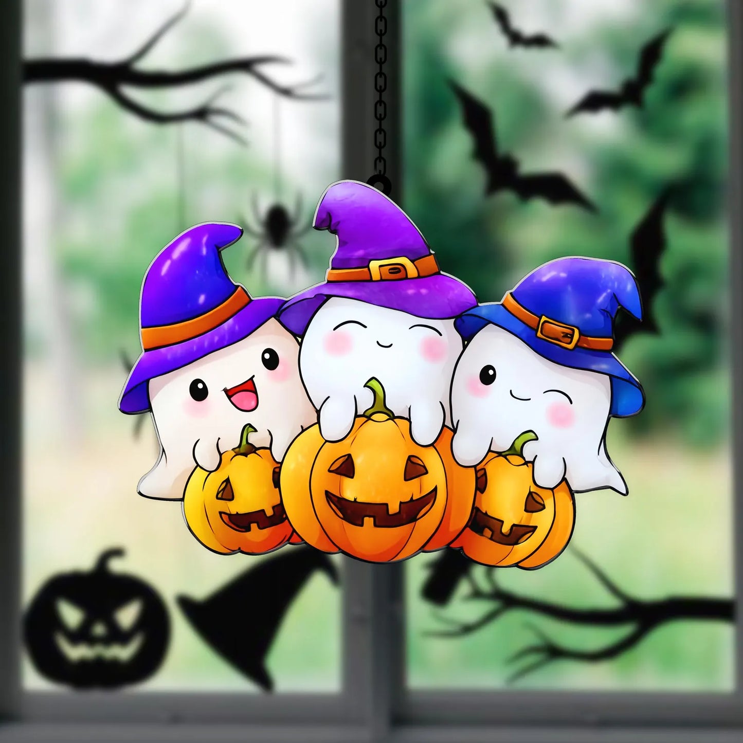 Cute Halloween Ghost Suncatcher With Pumpkins And Witch Hats Stained Glass Style Window Hanging Fall Decor For Kids Room