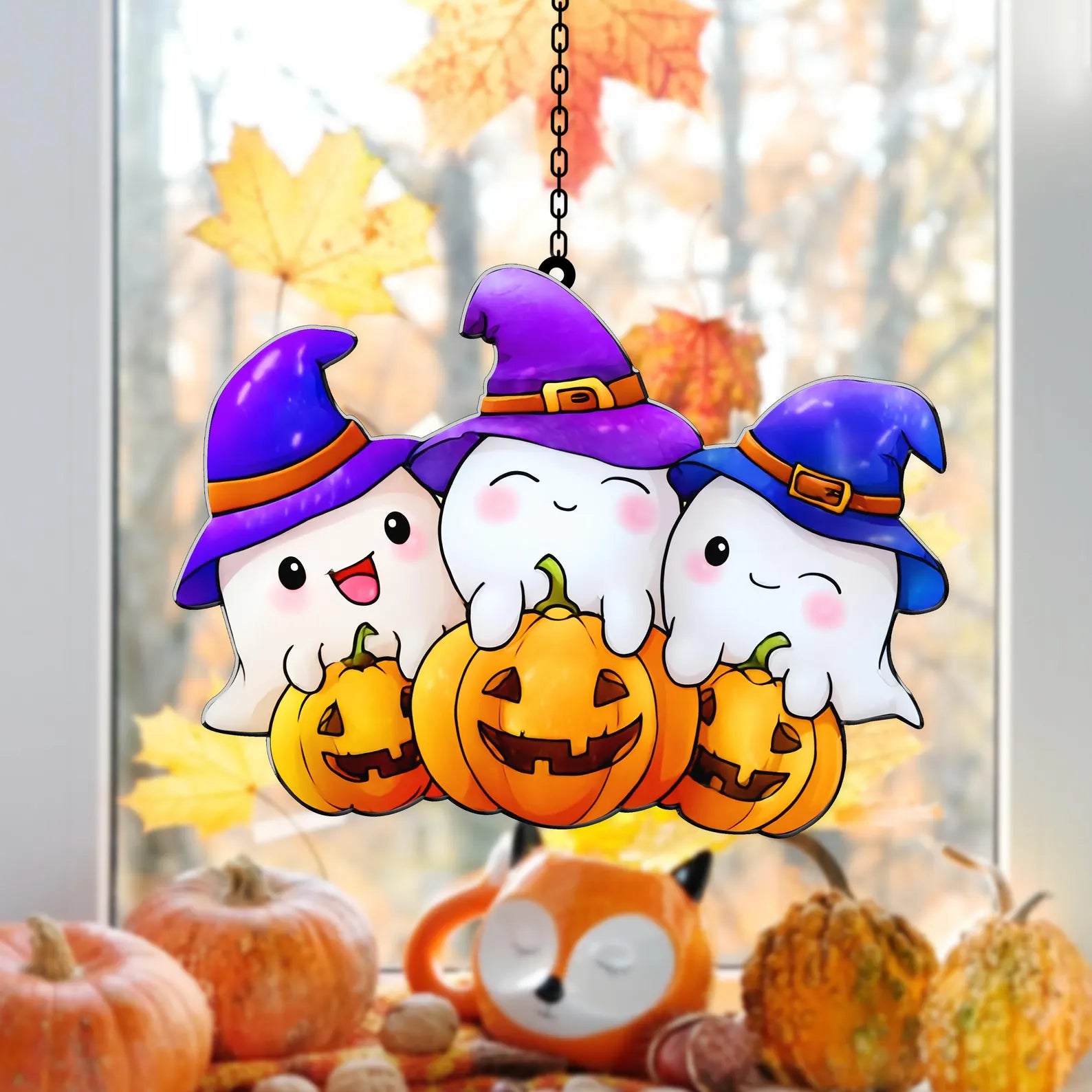 Cute Halloween Ghost Suncatcher With Pumpkins And Witch Hats Stained Glass Style Window Hanging Fall Decor For Kids Room