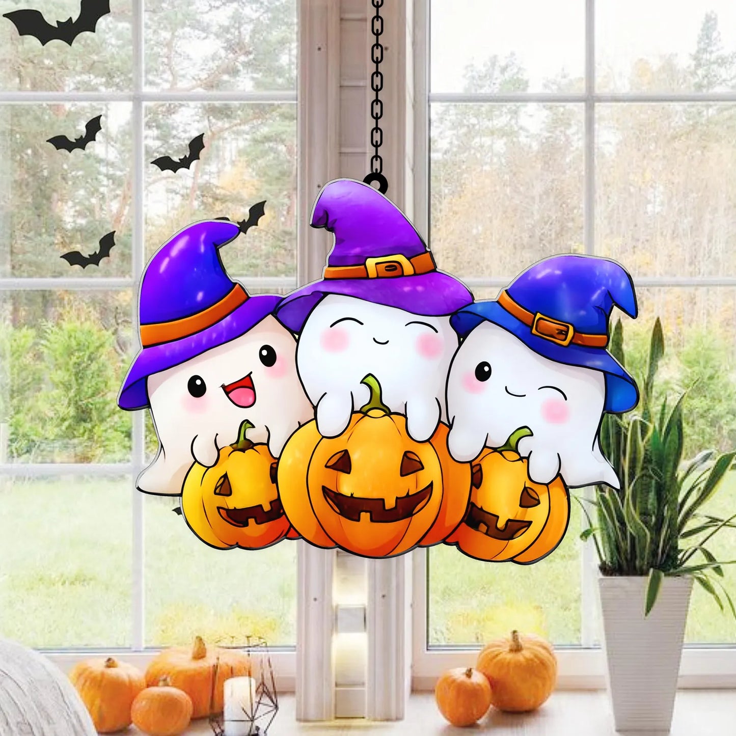 Cute Halloween Ghost Suncatcher With Pumpkins And Witch Hats Stained Glass Style Window Hanging Fall Decor For Kids Room