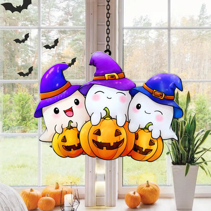 Cute Halloween Ghost Suncatcher With Pumpkins And Witch Hats Stained Glass Style Window Hanging Fall Decor For Kids Room