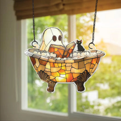 Acrylic Ghost Bathtub Suncatcher – Cute Hanging Window Decor with Cat – Spooky Bathroom Decoration – Halloween Ghost Lover