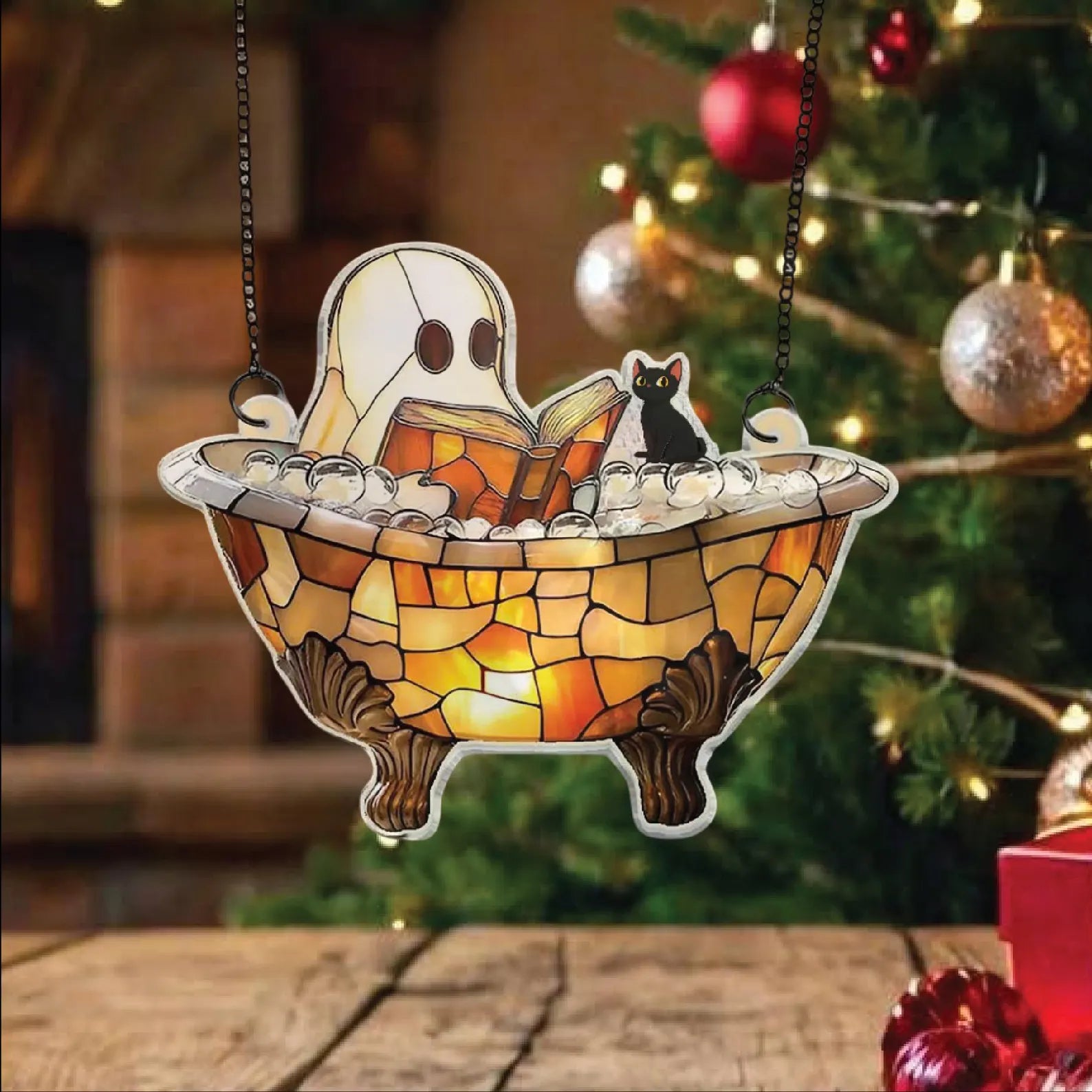 Acrylic Ghost Bathtub Suncatcher – Cute Hanging Window Decor with Cat – Spooky Bathroom Decoration – Halloween Ghost Lover