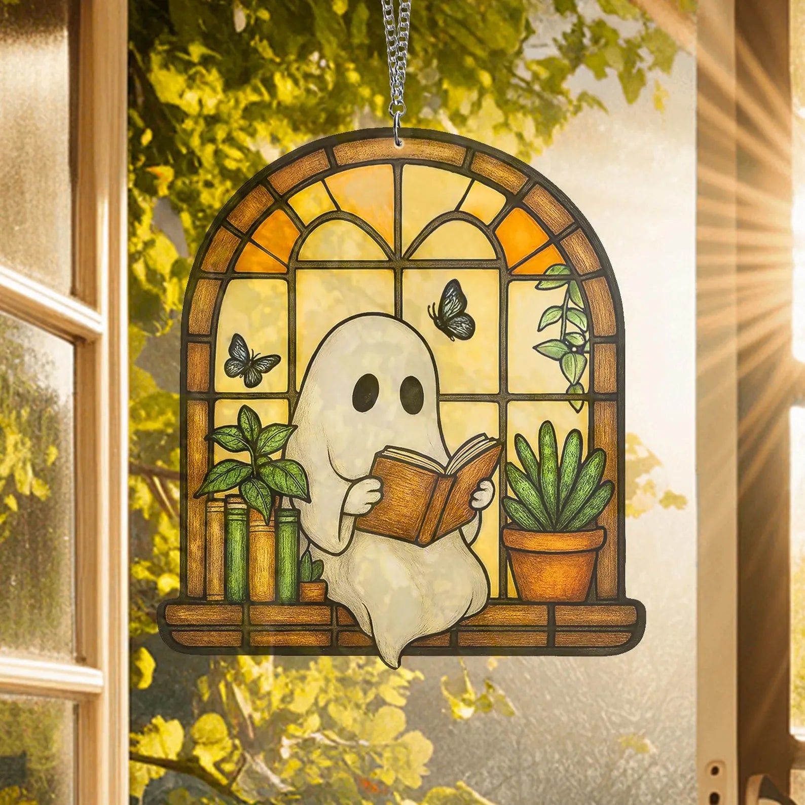 Ghost Reading Book Suncatcher, Reading Book Acrylic Sun Catcher, Housewarming Gifts, Cute Ghost Reads Book Hanging, Book