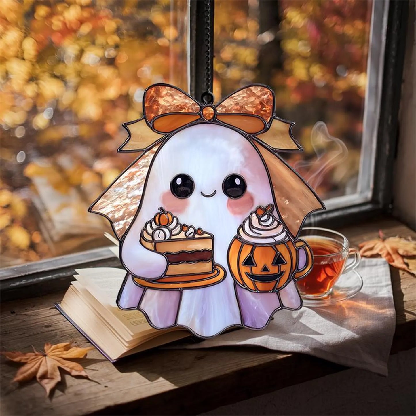 Cute Halloween Ghost Suncatcher with Pumpkin Mug & Cake – Acrylic Window Hanging Autumn Decor, Kawaii Spooky Fall Ornament