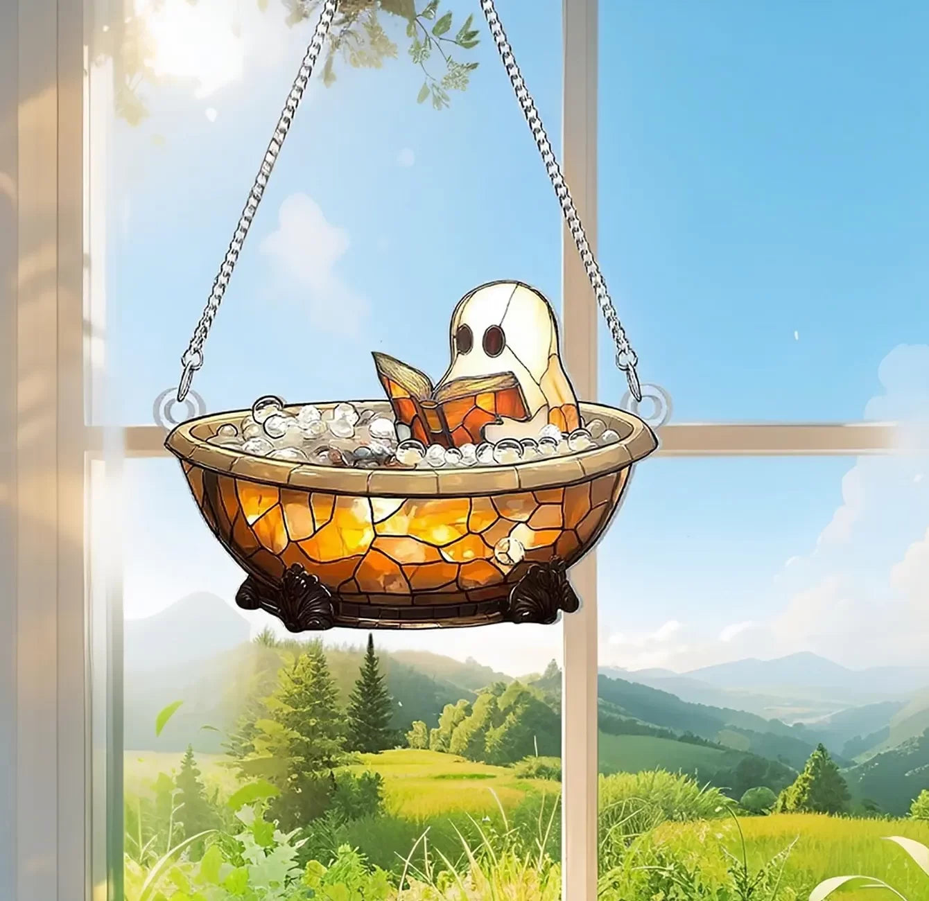 Cute Acrylic Ghost Reading Book Bathroom Suncatcher,Halloween Spooky Season Bathroom Book Lover Gift,Ghost In
