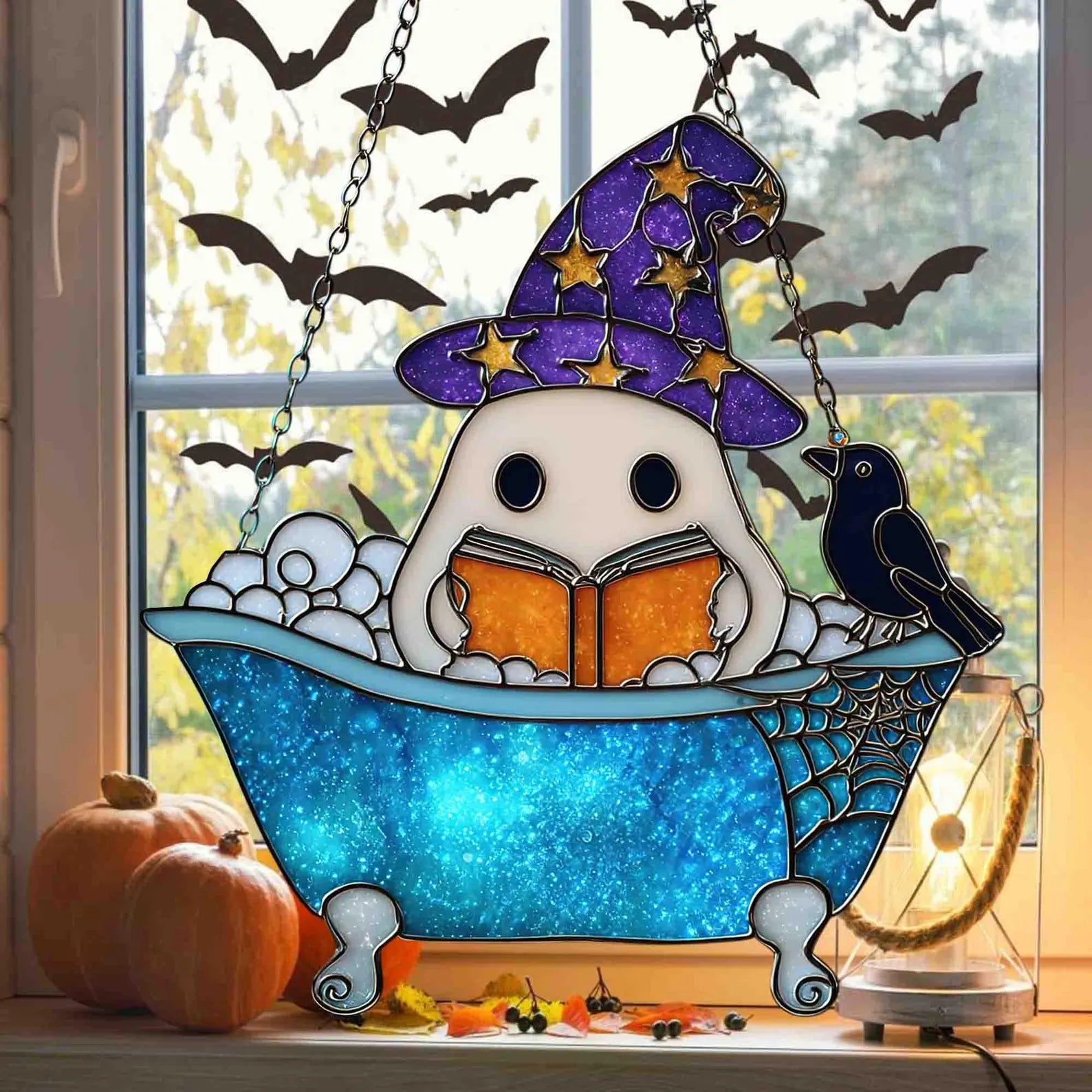 Cute Ghost Reading Book Bathroom Suncatcher, Ghost In Bathtub Acrylic Window Hanging, Spooky Season, Halloween Gift, Book