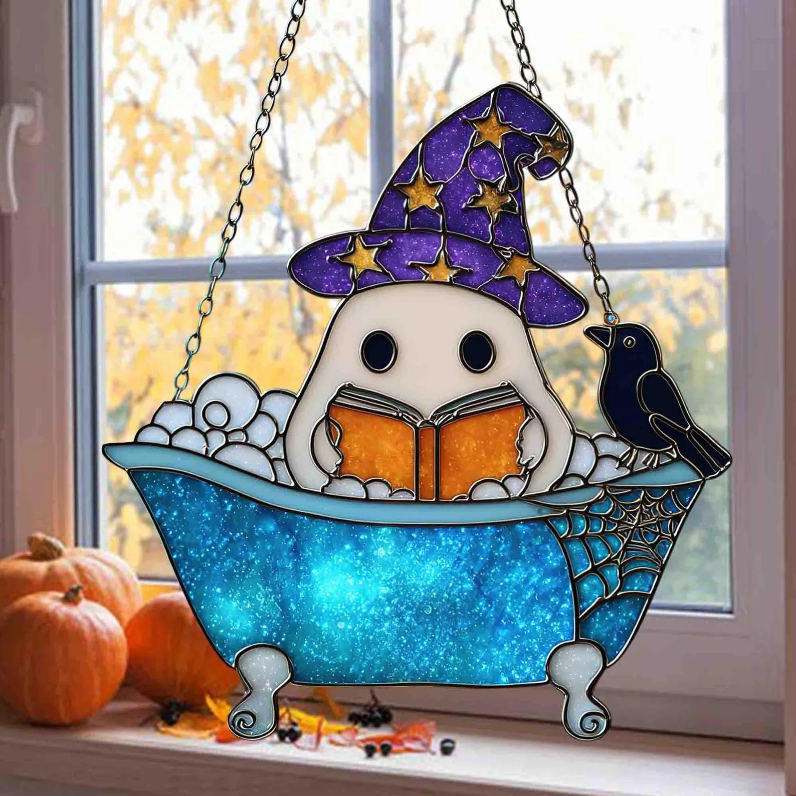 Cute Ghost Reading Book Bathroom Suncatcher, Ghost In Bathtub Acrylic Window Hanging, Spooky Season, Halloween Gift, Book