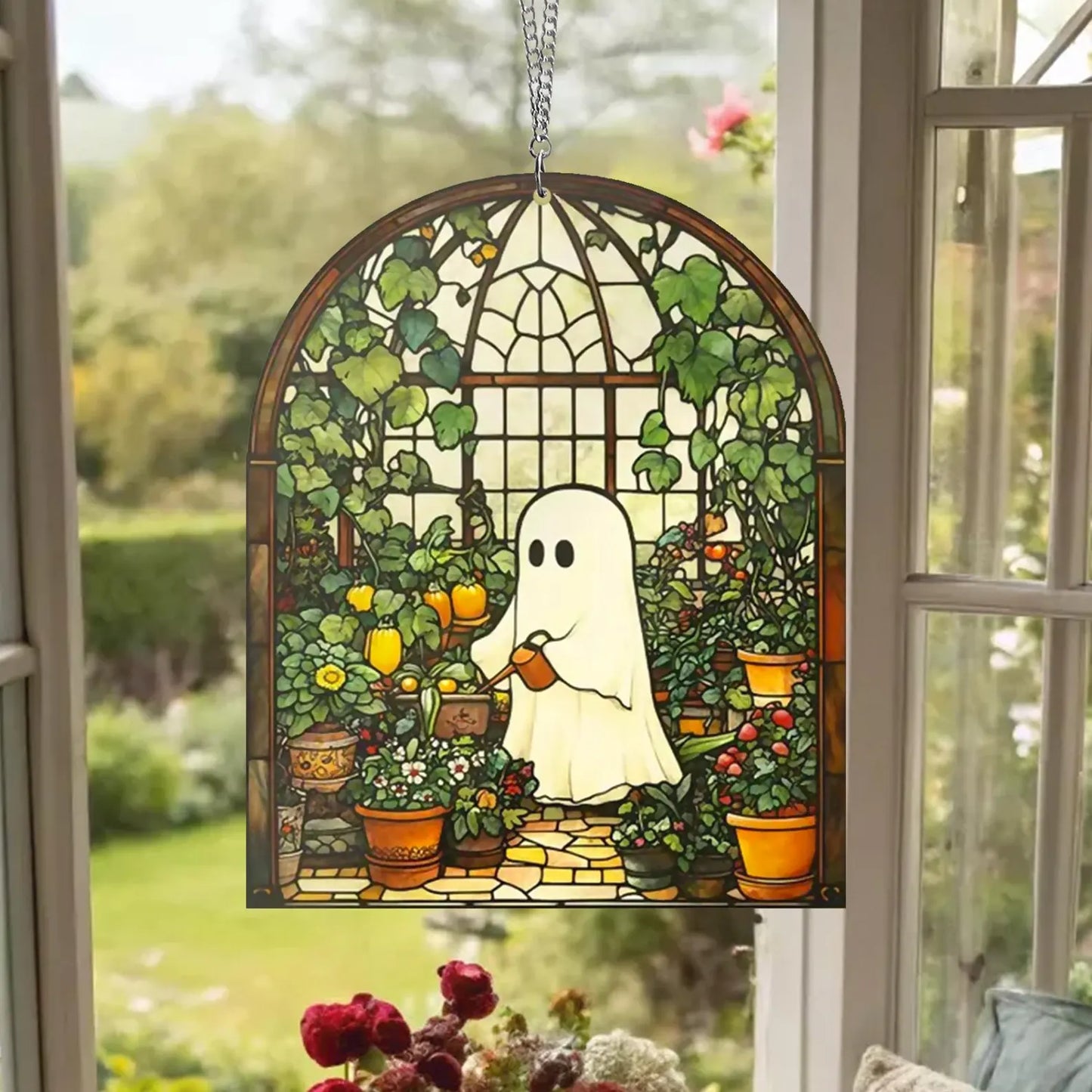Cute Ghost Greenhouse Suncatcher Ornament,Halloween Ghost Acrylic Window Hangings,Gift For Mom,Halloween Home Decor,Plant