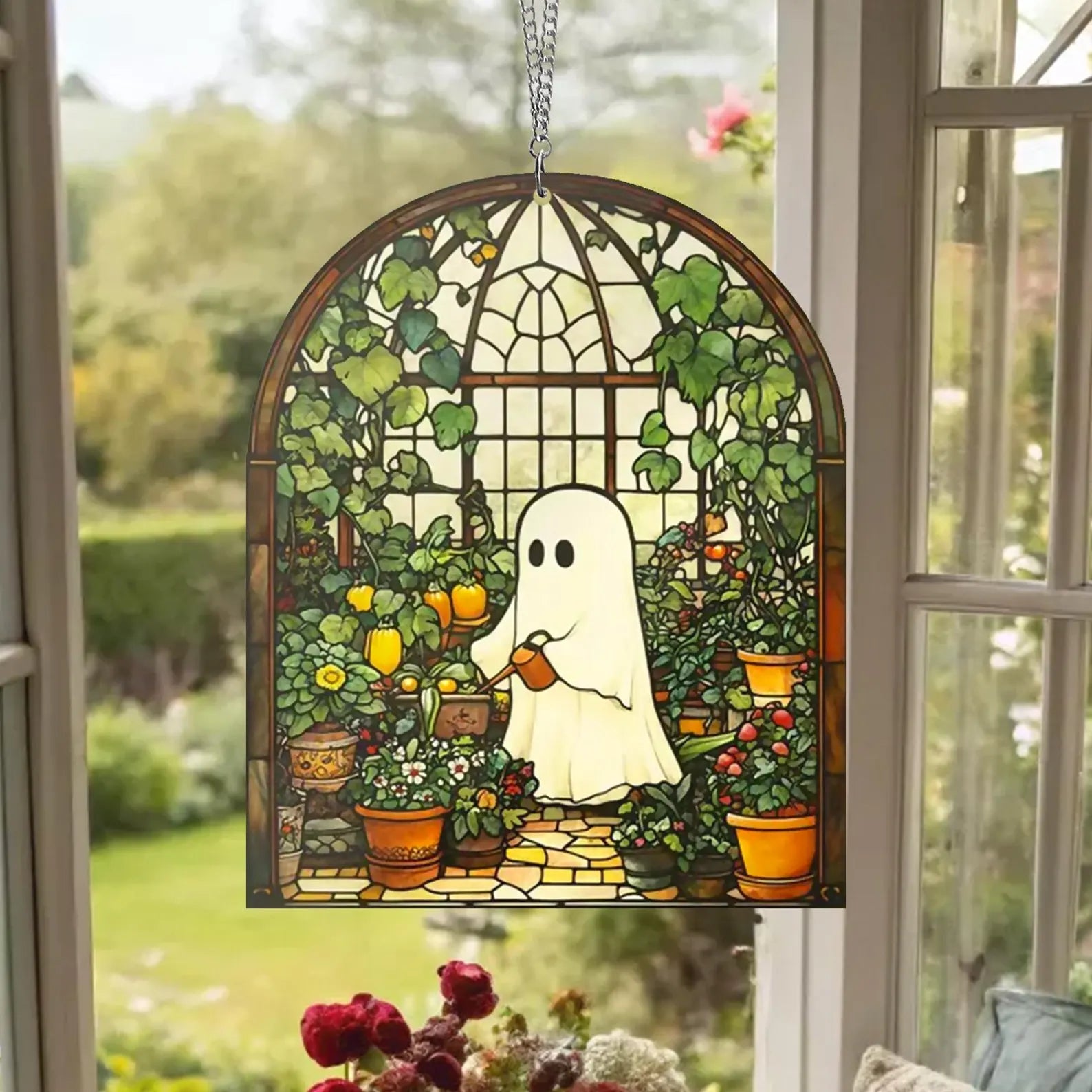 Cute Ghost Greenhouse Suncatcher Ornament,Halloween Ghost Acrylic Window Hangings,Gift For Mom,Halloween Home Decor,Plant