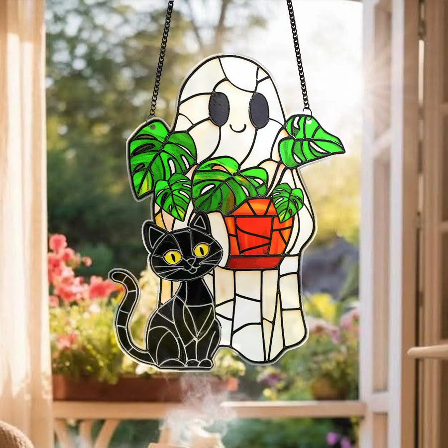 Cute Ghost Monstera Acrylic Suncatcher,Halloween Ghost Suncatcher,Cute Ghost Plant Tree And Cat Suncatcher,Halloween Ghost