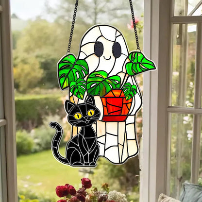 Cute Ghost Monstera Acrylic Suncatcher,Halloween Ghost Suncatcher,Cute Ghost Plant Tree And Cat Suncatcher,Halloween Ghost
