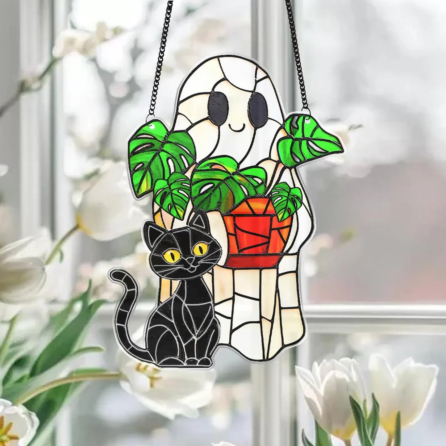 Cute Ghost Monstera Acrylic Suncatcher,Halloween Ghost Suncatcher,Cute Ghost Plant Tree And Cat Suncatcher,Halloween Ghost