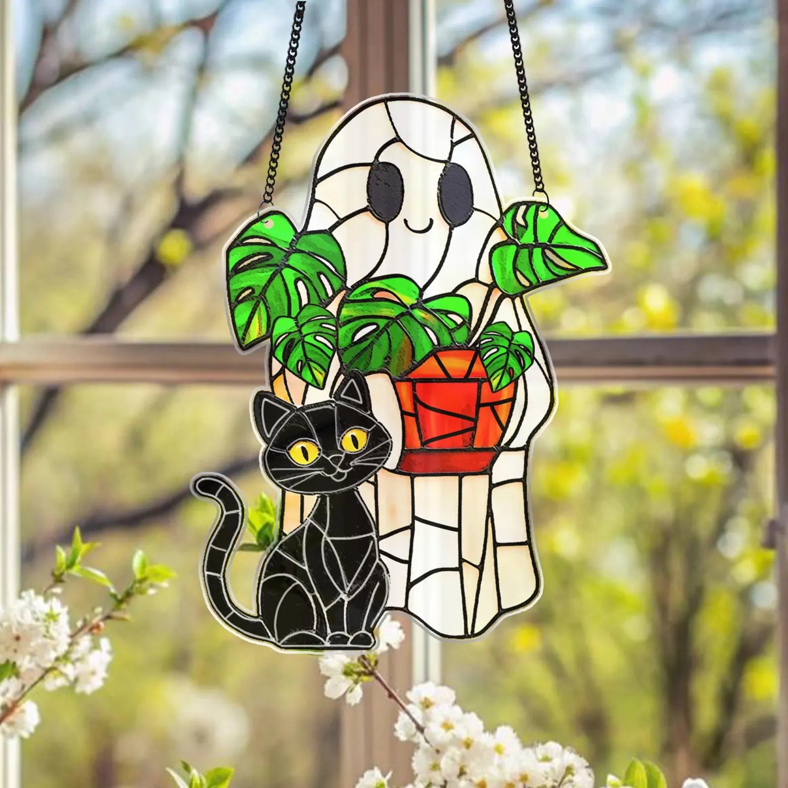 Cute Ghost Monstera Acrylic Suncatcher,Halloween Ghost Suncatcher,Cute Ghost Plant Tree And Cat Suncatcher,Halloween Ghost