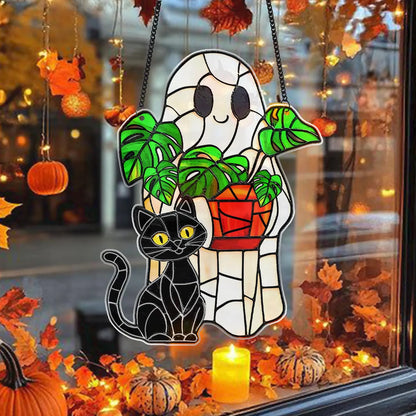 Cute Ghost Monstera Acrylic Suncatcher,Halloween Ghost Suncatcher,Cute Ghost Plant Tree And Cat Suncatcher,Halloween Ghost