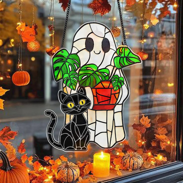 Cute Ghost Monstera Acrylic Suncatcher,Halloween Ghost Suncatcher,Cute Ghost Plant Tree And Cat Suncatcher,Halloween Ghost