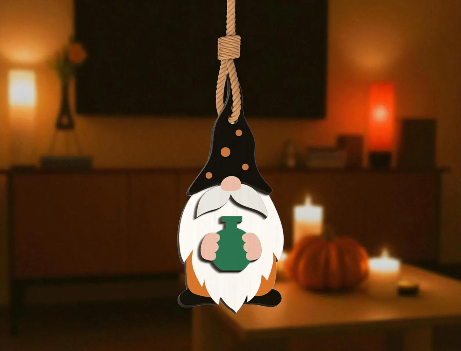 Halloween Wizard Gnome Wooden Ornament – Green Potion Hanging Decoration for Spooky & Cozy Fall Home Decoration