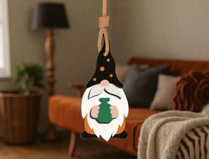Halloween Wizard Gnome Wooden Ornament – Green Potion Hanging Decoration for Spooky & Cozy Fall Home Decoration