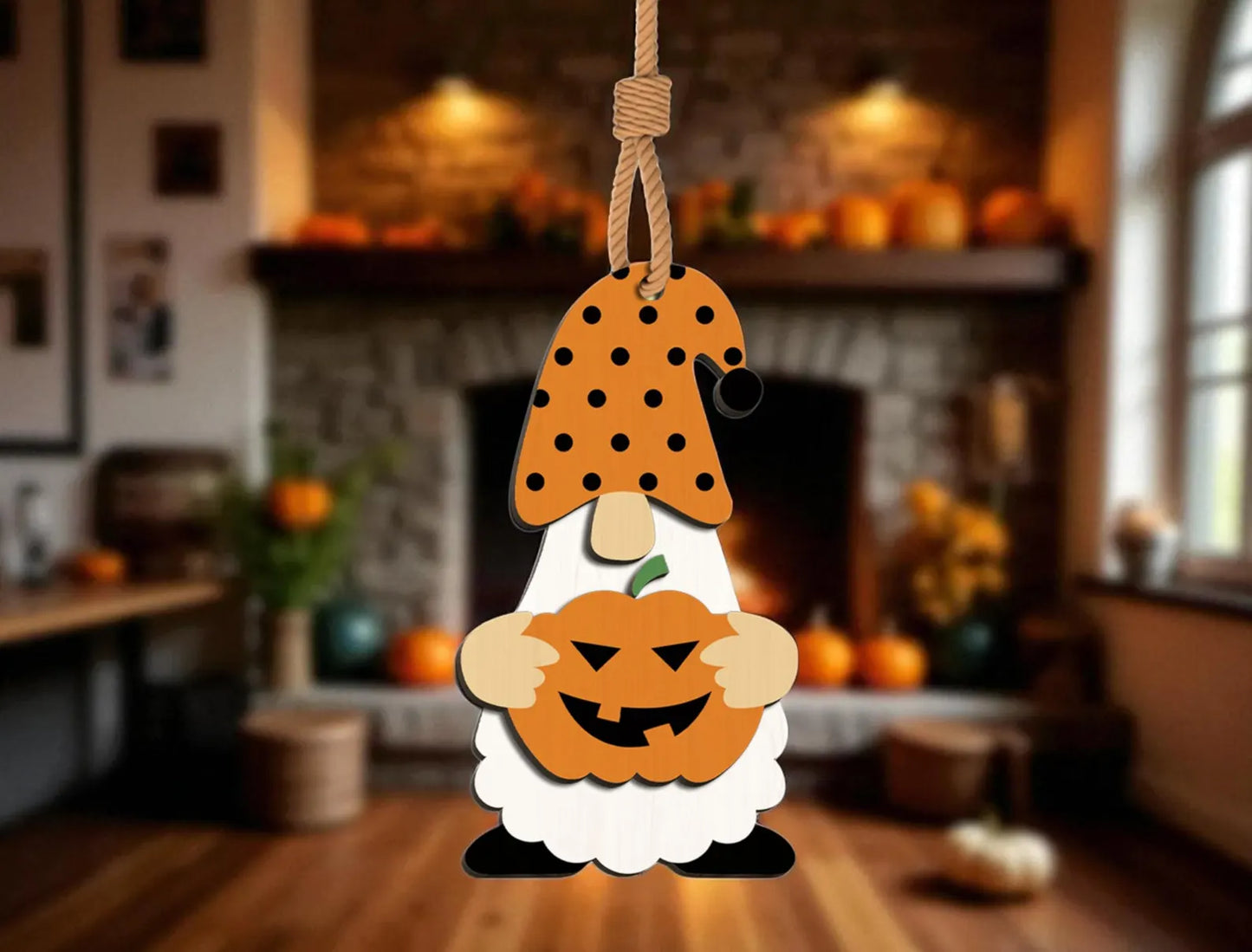 Halloween Pumpkin Gnome Wooden Ornament – Cute Jack-o’-Lantern Hanging Decoration for Fall & Spooky Home Decoration