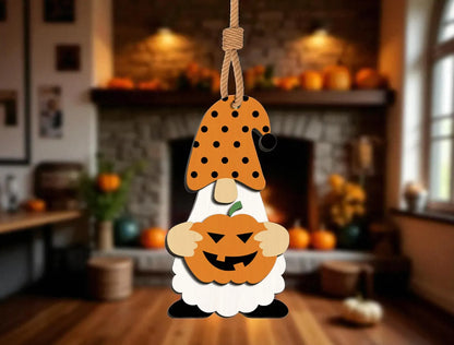 Halloween Pumpkin Gnome Wooden Ornament – Cute Jack-o’-Lantern Hanging Decoration for Fall & Spooky Home Decoration