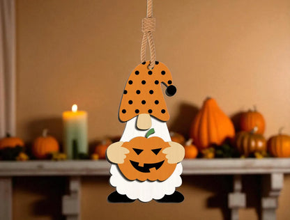 Halloween Pumpkin Gnome Wooden Ornament – Cute Jack-o’-Lantern Hanging Decoration for Fall & Spooky Home Decoration