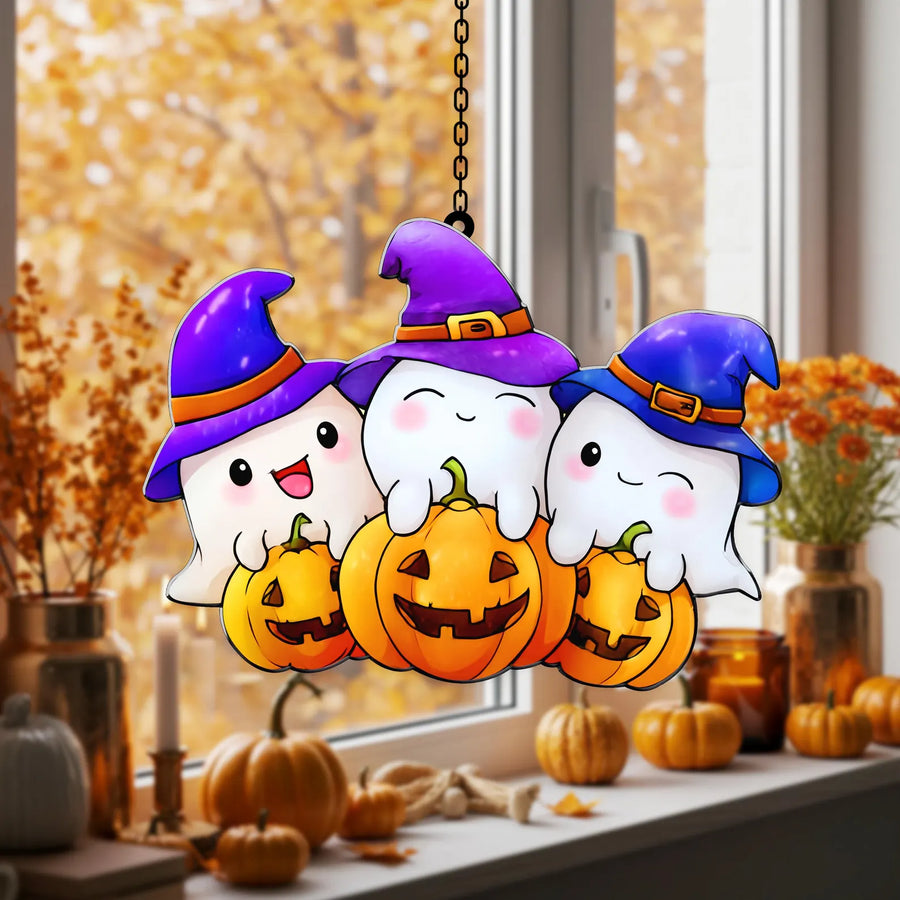Cute Halloween Ghost Suncatcher With Pumpkins And Witch Hats Stained Glass Style Window Hanging Fall Decor For Kids Room