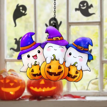 Cute Halloween Ghost Suncatcher With Pumpkins And Witch Hats Stained Glass Style Window Hanging Fall Decor For Kids Room