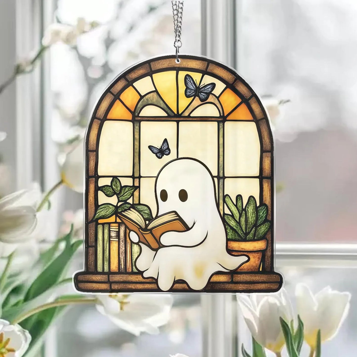 Cute Ghost Monstera Acrylic Suncatcher,Halloween Ghost Suncatcher,Cute Ghost Plant Tree And Cat Suncatcher,Halloween Ghost