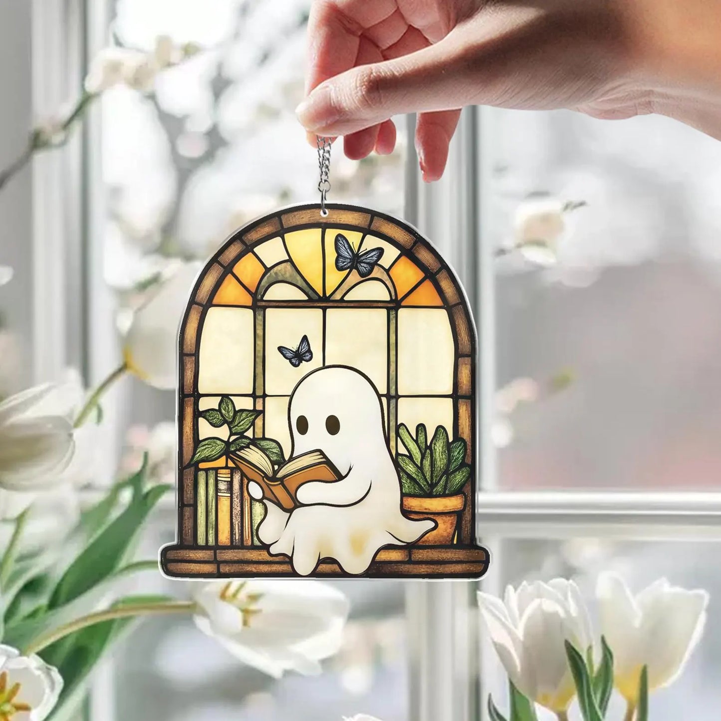 Cute Ghost Monstera Acrylic Suncatcher,Halloween Ghost Suncatcher,Cute Ghost Plant Tree And Cat Suncatcher,Halloween Ghost