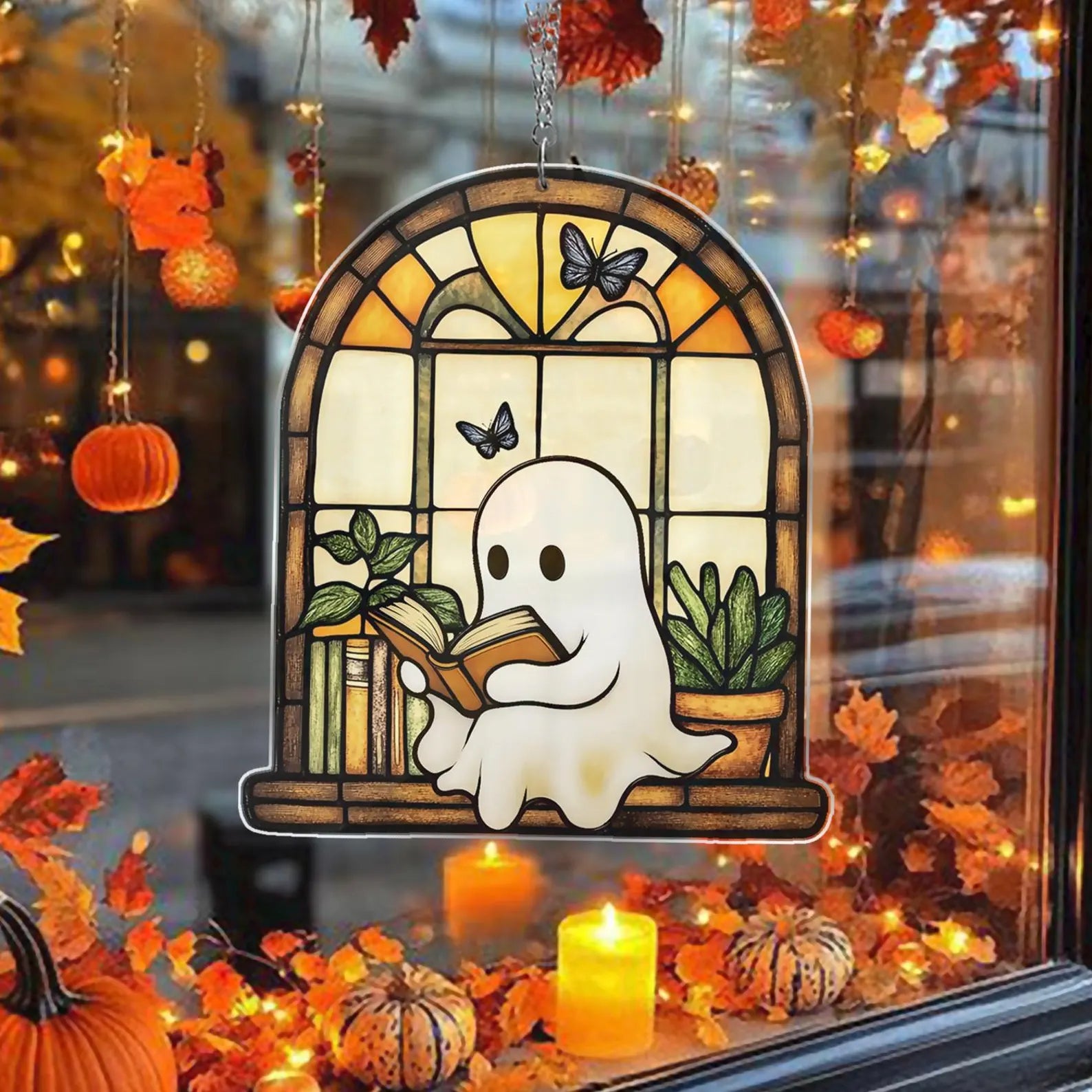Cute Ghost Monstera Acrylic Suncatcher,Halloween Ghost Suncatcher,Cute Ghost Plant Tree And Cat Suncatcher,Halloween Ghost