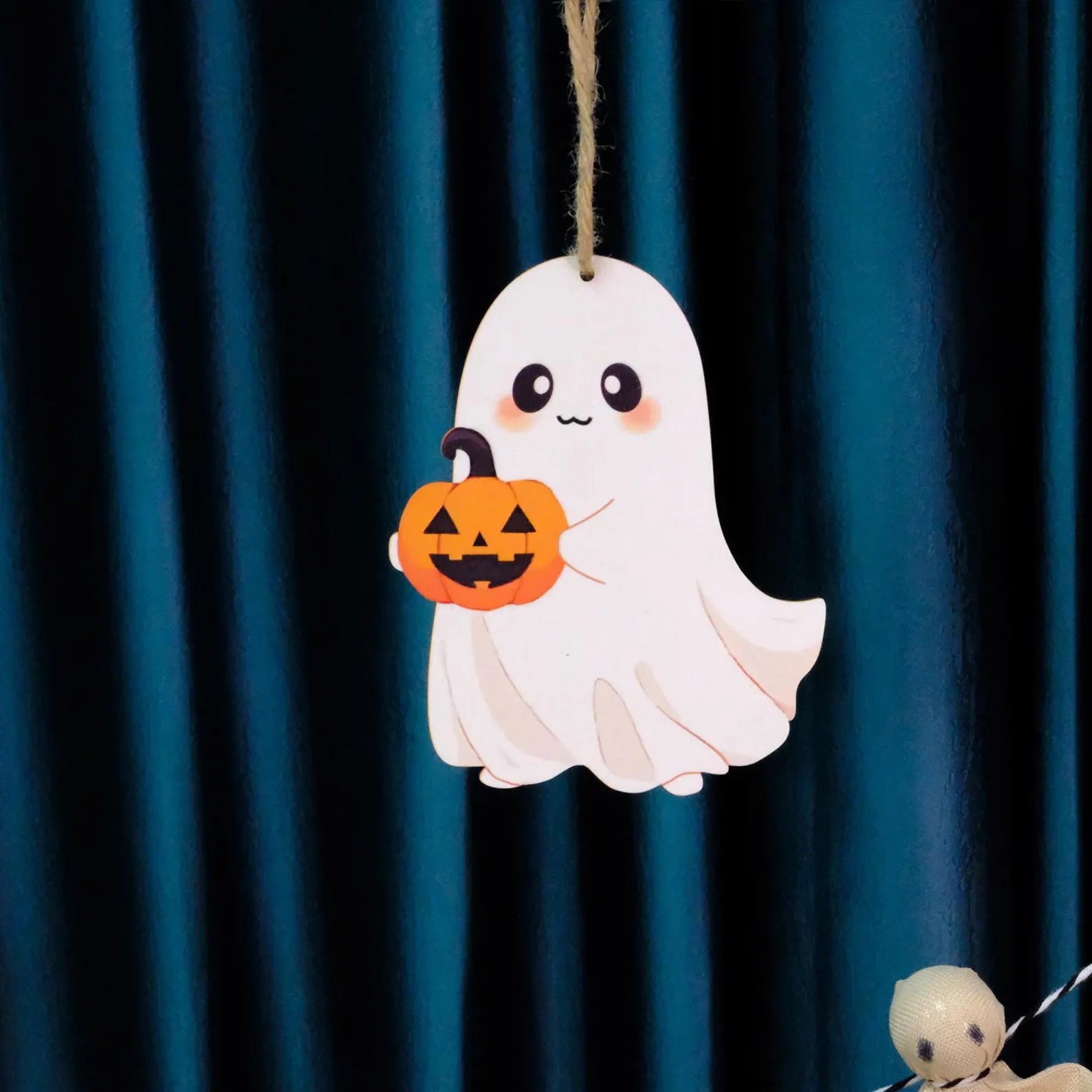 Set of 5 Wooden Halloween Ornaments – Pumpkin, Ghost, Bat, Gnome, Jack-o’-Lantern Hanging Decor