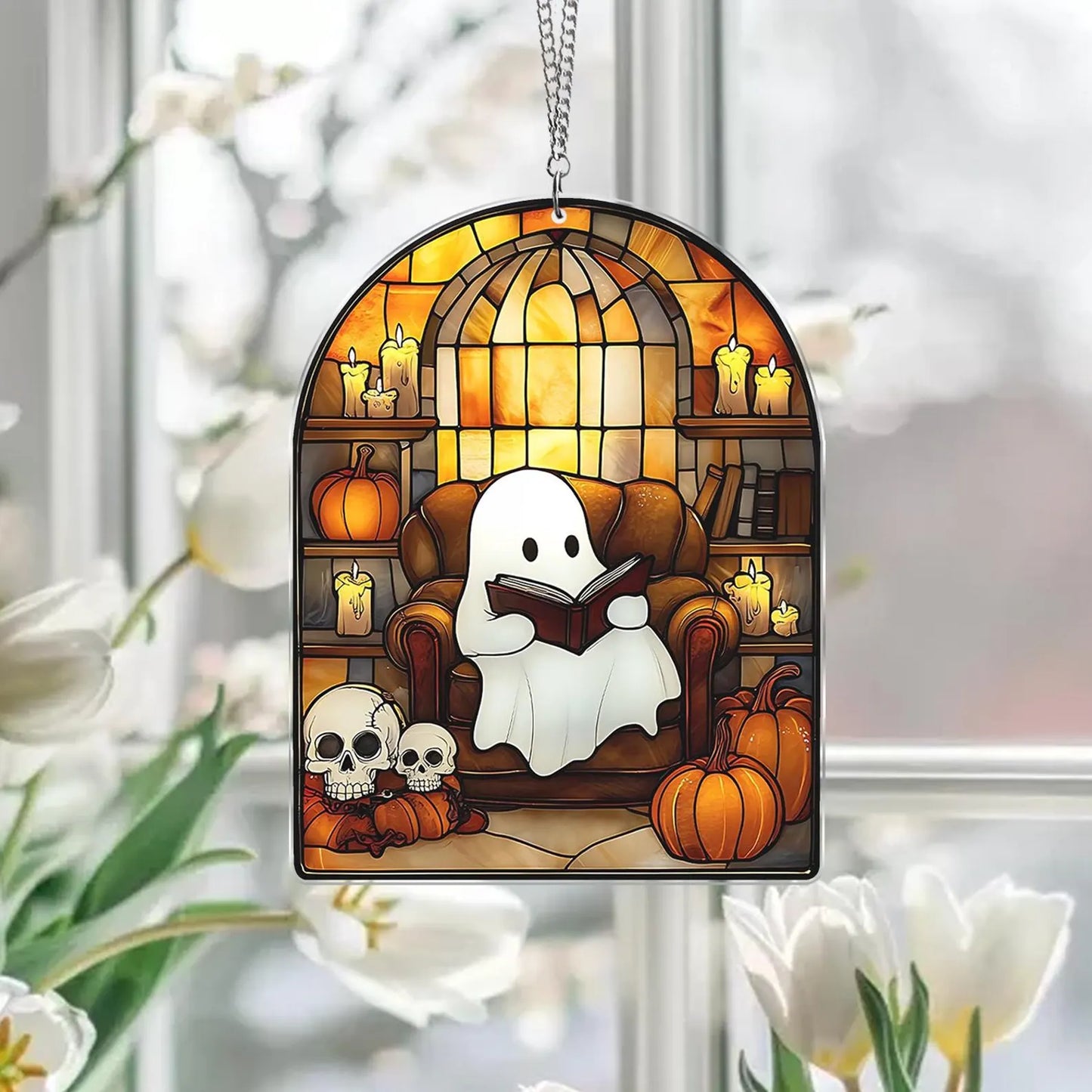 Cute Ghost Monstera Acrylic Suncatcher,Halloween Ghost Suncatcher,Cozy Nook Decor and Bookish Gift for Book Lovers,Halloween