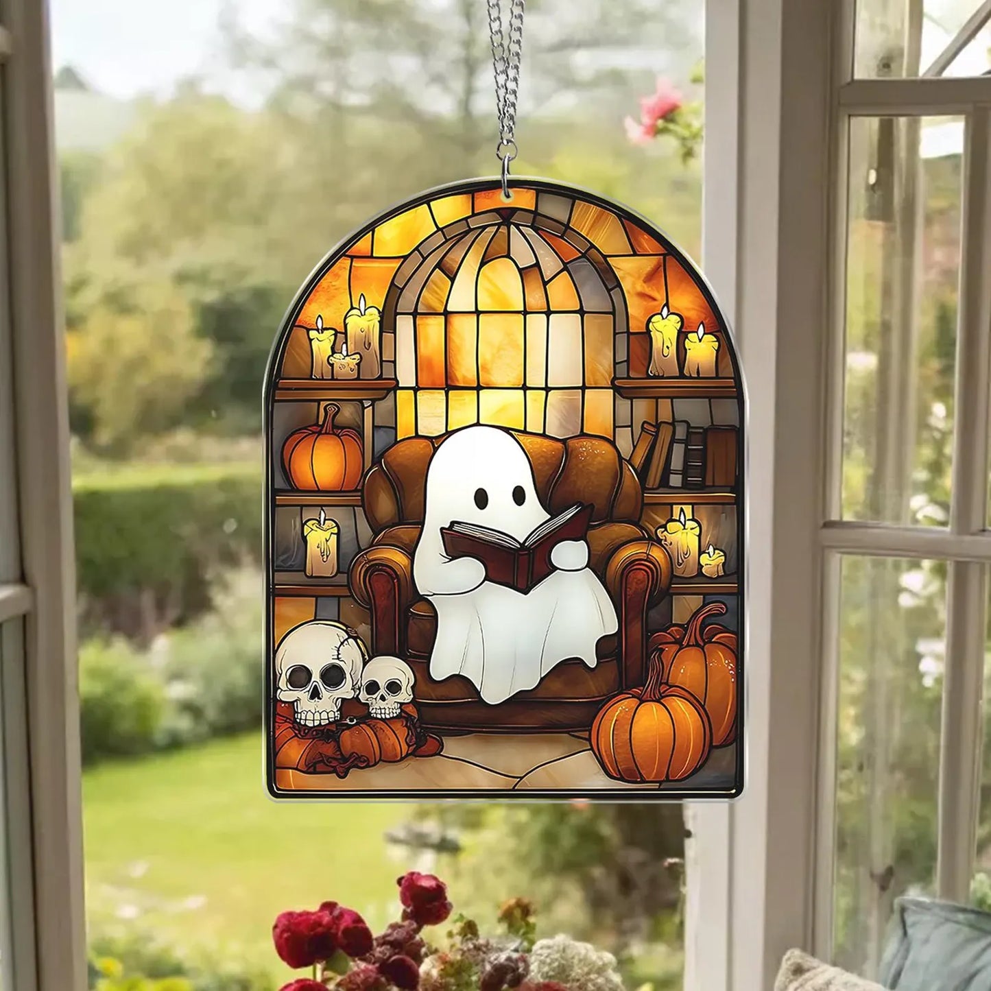 Cute Ghost Monstera Acrylic Suncatcher,Halloween Ghost Suncatcher,Cozy Nook Decor and Bookish Gift for Book Lovers,Halloween