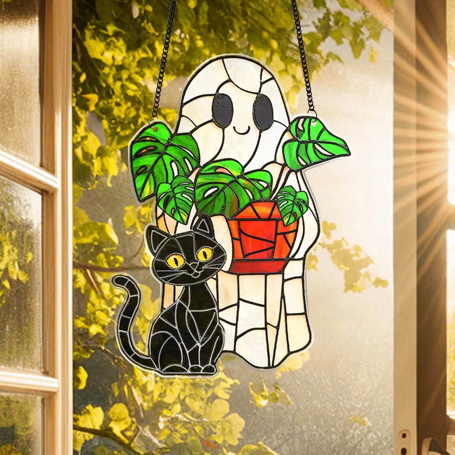 Cute Ghost Monstera Acrylic Suncatcher,Halloween Ghost Suncatcher,Cute Ghost Plant Tree And Cat Suncatcher,Halloween Ghost