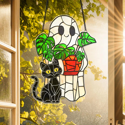 Cute Ghost Monstera Acrylic Suncatcher,Halloween Ghost Suncatcher,Cute Ghost Plant Tree And Cat Suncatcher,Halloween Ghost