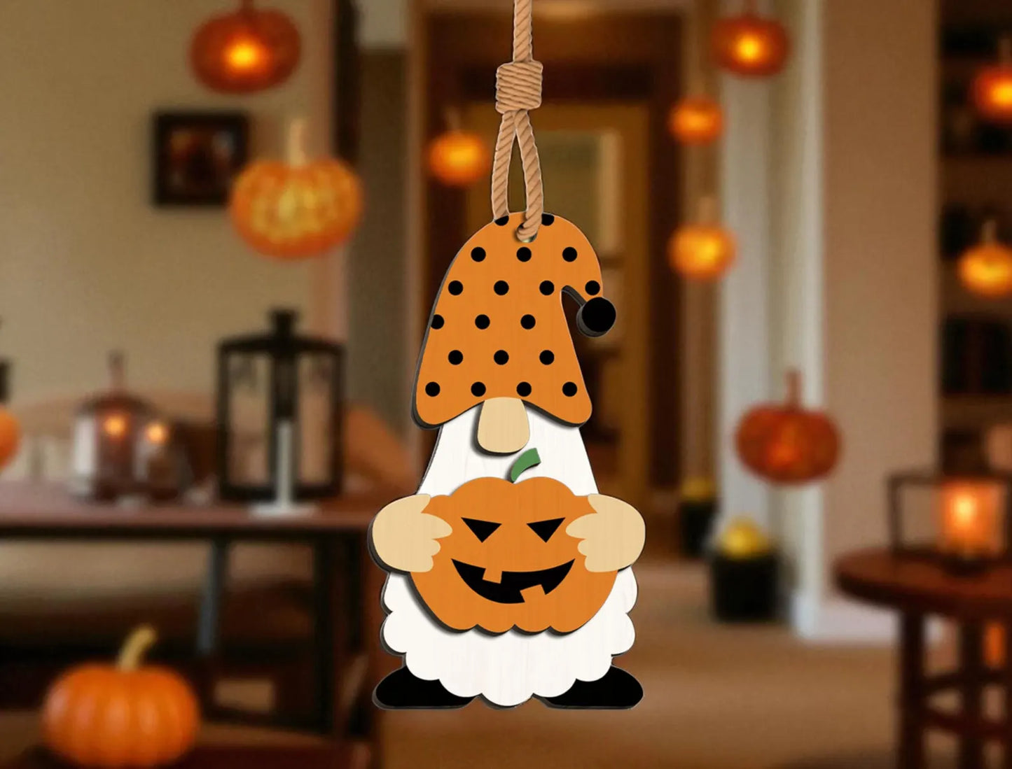 Halloween Pumpkin Gnome Wooden Ornament – Cute Jack-o’-Lantern Hanging Decoration for Fall & Spooky Home Decoration