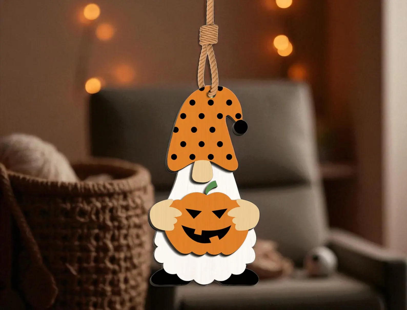 Halloween Pumpkin Gnome Wooden Ornament – Cute Jack-o’-Lantern Hanging Decoration for Fall & Spooky Home Decoration