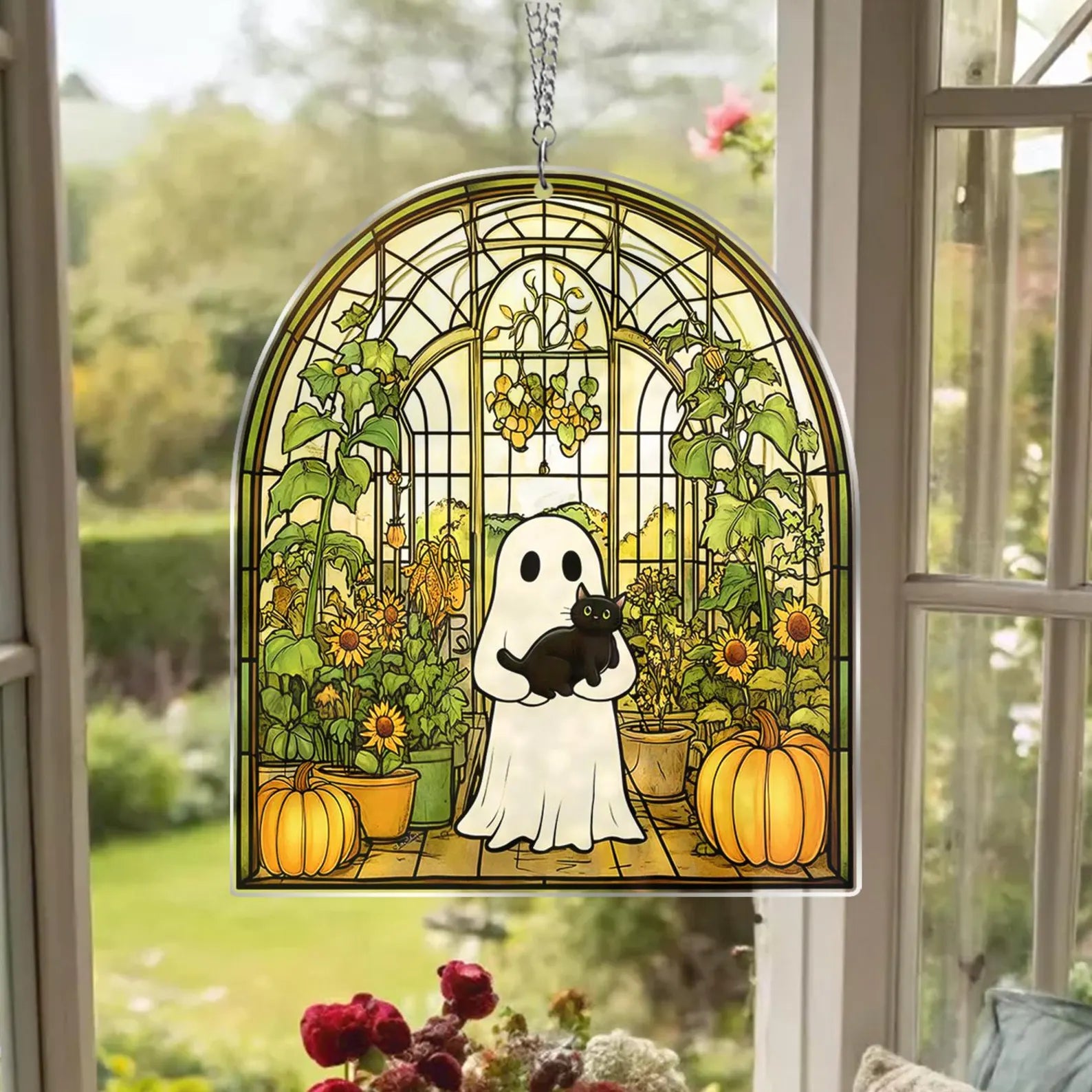 Cute Ghost Greenhouse Suncatcher Ornament,Halloween Ghost Acrylic Window Hangings,Gift For Mom,Halloween Home Decor,Plant