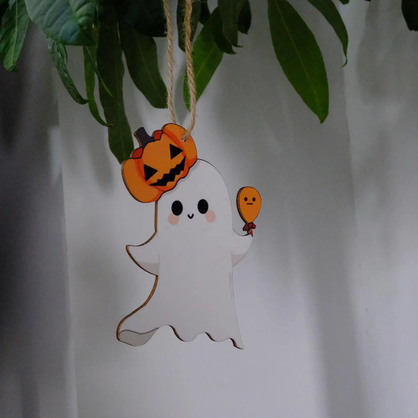 Set of 5 Wooden Halloween Ornaments – Pumpkin, Ghost, Bat, Gnome, Jack-o’-Lantern Hanging Decor